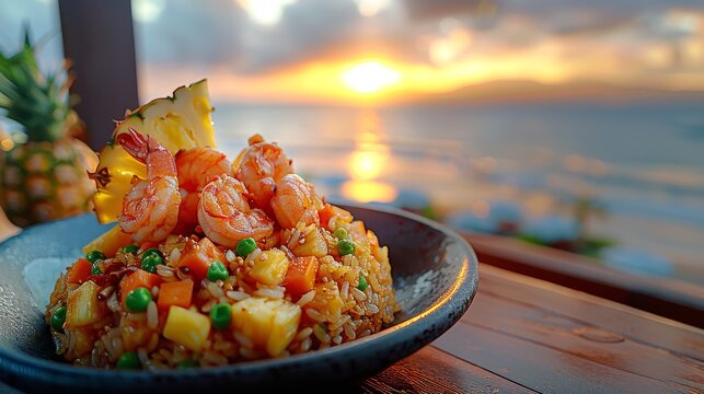 Thai fried rice with prawns served in bowl on beach table. Seaside dining at sunset. Concept of tropical cuisine, romantic dinner, Asian cuisine, Thai traditional dish, culinary. Cop y space