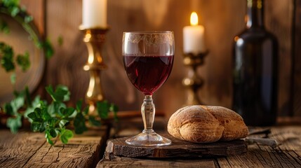 Wall Mural - A wooden table adorned with holy communion elements in a church setting symbolizing the act of partaking in the ritual The scene includes a glass cup filled with red wine alongside bread emb