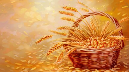 Aufkleber - A vibrant painting depicting a basket overflowing with ripe, golden wheat. Each ear is carefully detailed, capturing the essence of a bountiful harvest. Generative AI