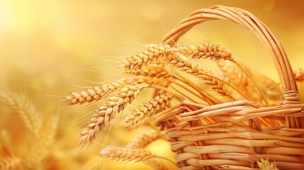 Poster - A rustic basket overflowing with golden wheat sits atop a lush green field, embodying the bounty of a successful harvest. Generative AI