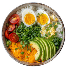 Wall Mural - Nutritious Bowl of Rice With Peas, Tomatoes, Eggs, and Avocado