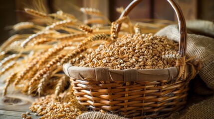 Poster - A rustic basket overflowing with golden wheat sits elegantly on a wooden table, evoking a sense of prosperity and bounty. Generative AI