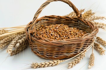 Poster - A bountiful basket filled with golden wheat ears and grain rests atop a natural wood table, exuding a sense of abundance and rural charm. Generative AI