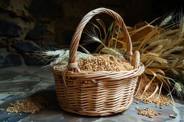 Poster - A handwoven wicker basket brimming with golden wheat sits beside a heap of freshly harvested grain, a bountiful scene of abundance and prosperity. Generative AI