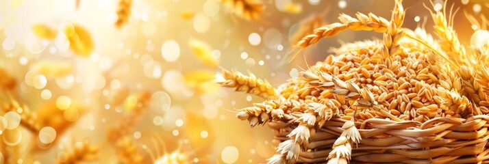 Poster - A close-up of a rustic basket filled with ripe wheat ears and grains, showcasing the bounty of a successful harvest. Generative AI