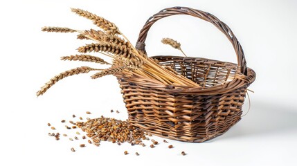 Poster - A wicker basket brimming with golden wheat seeds, symbolizing a bountiful harvest and the essence of wholesome grain products. Generative AI