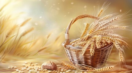 Poster - A vibrant painting depicting a woven basket overflowing with golden wheat stalks and a delicate seashell nestled amongst the grains. Generative AI