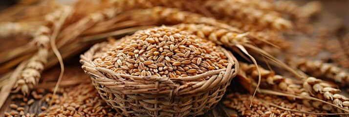 Poster - A colorful array of wheat displayed on a rustic wooden table, showcasing the natural beauty of this staple grain. Generative AI
