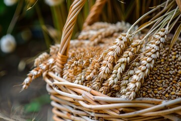 Poster - A woven basket bursting at the seams with golden wheat, showcasing the abundance of a successful harvest. Generative AI