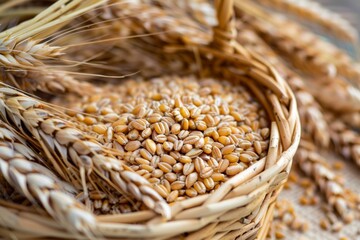 Poster - A woven basket brimming with golden wheat grains sits elegantly atop a wooden table. Generative AI