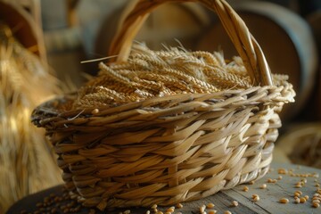 Poster - A woven basket filled with wheat ears and grain sits atop a rustic wooden table, creating a wholesome and natural scene. Generative AI