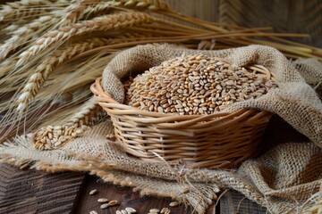 Poster - A rustic basket overflowing with grains sits on a wooden table, showcasing the abundance of natures harvest. Generative AI