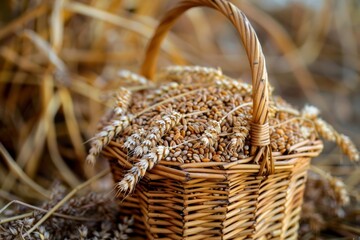 Poster - A wicker basket overflows with various grains, resting on the ground in a picturesque display of abundance and rustic charm. Generative AI
