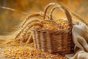 Poster - A rustic basket overflowing with golden wheat sits atop a wooden table, showcasing the abundance of a bountiful harvest. Generative AI