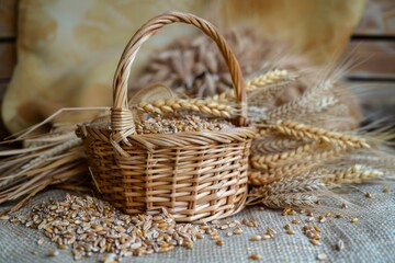 Poster - A rustic wicker basket sits on a wooden table, filled to the brim with golden wheat ears. The abundance of natural bounty evokes a sense of harvest time and wholesome goodness. Generative AI