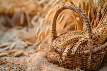 Poster - A basket overflowing with golden wheat sits on a wooden table, exuding the essence of a bountiful harvest ready to be enjoyed. Generative AI