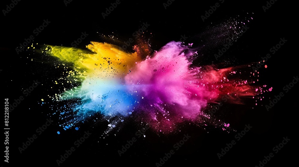 Vibrant and dynamic explosion of colored powder against a stark black ...