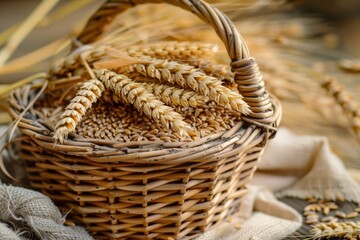 Poster - A handwoven basket overflowing with golden wheat rests on a rustic wooden table, showcasing the bounty of the harvest season. Generative AI