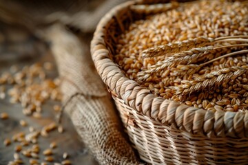 Poster - A wicker basket brimming with grains of golden wheat, symbolizing abundance, harvest, and wholesomeness. Generative AI