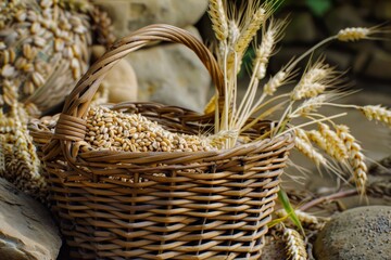 Poster - A wicker basket brimming with golden wheat sits peacefully next to rugged rocks in a serene setting. Generative AI