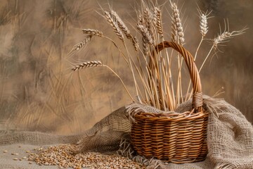 Poster - A beautiful wicker basket overfloweth with fresh wheat atop a rustic wooden table, creating a scene of abundance and farm-to-table goodness. Generative AI