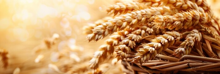 Poster - A close-up view of a woven basket overflowing with golden wheat ears and grains, showcasing the beauty and abundance of a fresh harvest. Generative AI