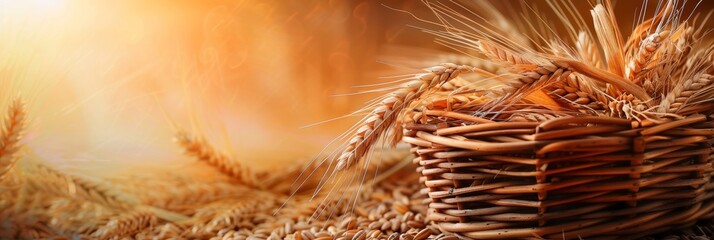 Poster - A woven basket bursting with golden ripe wheat, both the ears and the grain. A bountiful display of natures bounty and agricultural abundance. Generative AI