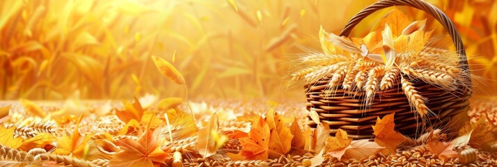 Poster - A basket piled high with ripe wheat stands proudly atop a vast field, showcasing the abundant harvest of the season. Generative AI