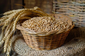 Poster - A rustic table hosts a handmade basket overflowing with wheat, showcasing natures bounty and the essence of wholesome, organic produce. Generative AI