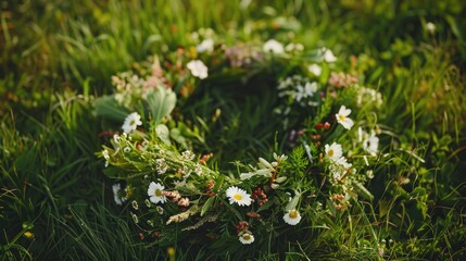 Sticker - A picturesque scene unfolds on a lush green lawn a gorgeous midsummer flower wreath set against the backdrop of a traditional Scandinavian summer celebration This charming greenery wedding 