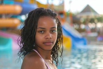 Serene portrait of a girl with wet hair near a tropical pool, with water slides in soft focus