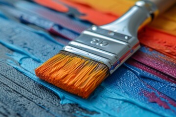 Poster - Direct close-up of a paintbrush with orange bristles, on a textured blue background with yellow streaks