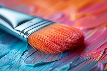 Poster - Macro photography captures the blending of pink and orange paint bristles against a blue painted canvas backdrop
