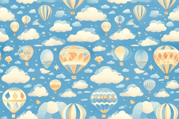 Wall Mural - A whimsical watercolor pattern of hot air balloons floating above a sky filled with clouds, with a pastel color palette and playful details adding charm to the scene. 