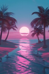 Wall Mural - Palm trees and ocean at neon sunset. Digital artwork for design and print. Tropical and retro concept.