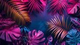Fototapeta  - Vibrant Tropical Leaves On Blue and Pink Background
