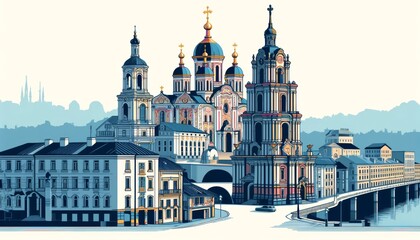 Vitebsk cityscape with traditional houses, roofs, churches, bell towers. Retro style vector poster 