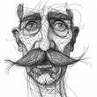 A man with a mustache and a serious expression. The man's face is drawn in black and white. Character in a drawn style. Illustration for cover, card, postcard, interior design, decor or print.