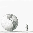 A man tries to hold a huge globe. Pencil sketch in black and white coloring. Illustration for cover, postcard, greeting card, interior design, decor or print.