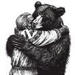 A man hugs a huge bear. A druid and his animal friend. Cartoon characters in pencil drawing style. Black and white image. Tribal style. Illustration for cover, card, postcard, decor or print.