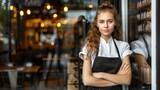 Fototapeta Abstrakcje - A woman wearing an apron stands in a bar, cafe, pub or restaurant. A waiter in the catering industry. Illustration for advertising, marketing or presentation.