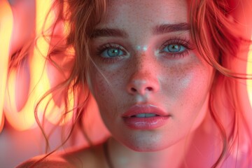 Poster - Woman's face in extreme close-up with shadows and neon light casting intriguing patterns