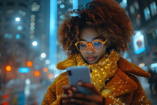 An adult woman, bundled up, focuses on her smartphone screen against a glowing cityscape at night
