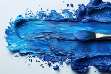 Poster - A creative and detailed shot of a brush applying blue paint on a white background