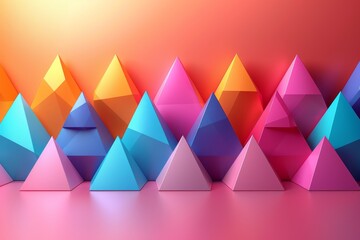 Poster - A mesmerizing gradient background filled with 3D pyramid shapes in pink, blue, and orange tones