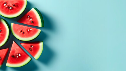 Top view juicy watermelon pieces on a pastel blue background. Summer background with free space for text 