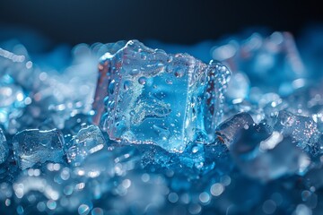 Poster - This image captures the intricate details and clarity of ice blocks surrounded by small droplets, highlighting their texture and translucence
