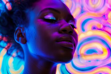 Leinwandbilder - Bright and colorful abstract neon lights forming swirling patterns around a blurred central portrait