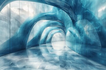 Poster - A modern, sleek curved corridor with blue tones and reflective surfaces in architectural photography
