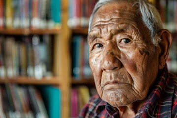 Poster - A senior man wearing a plaid shirt seems to be reading or pondering in a library with blurred bookshelves behind
